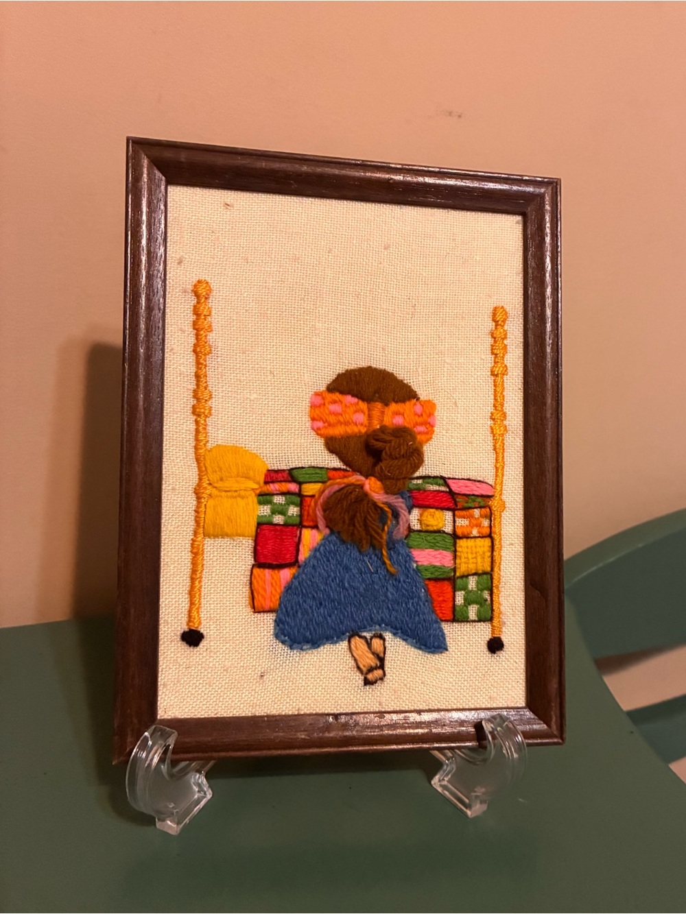 Hand-Embroidered Girl on Swing Wall Art - vintage